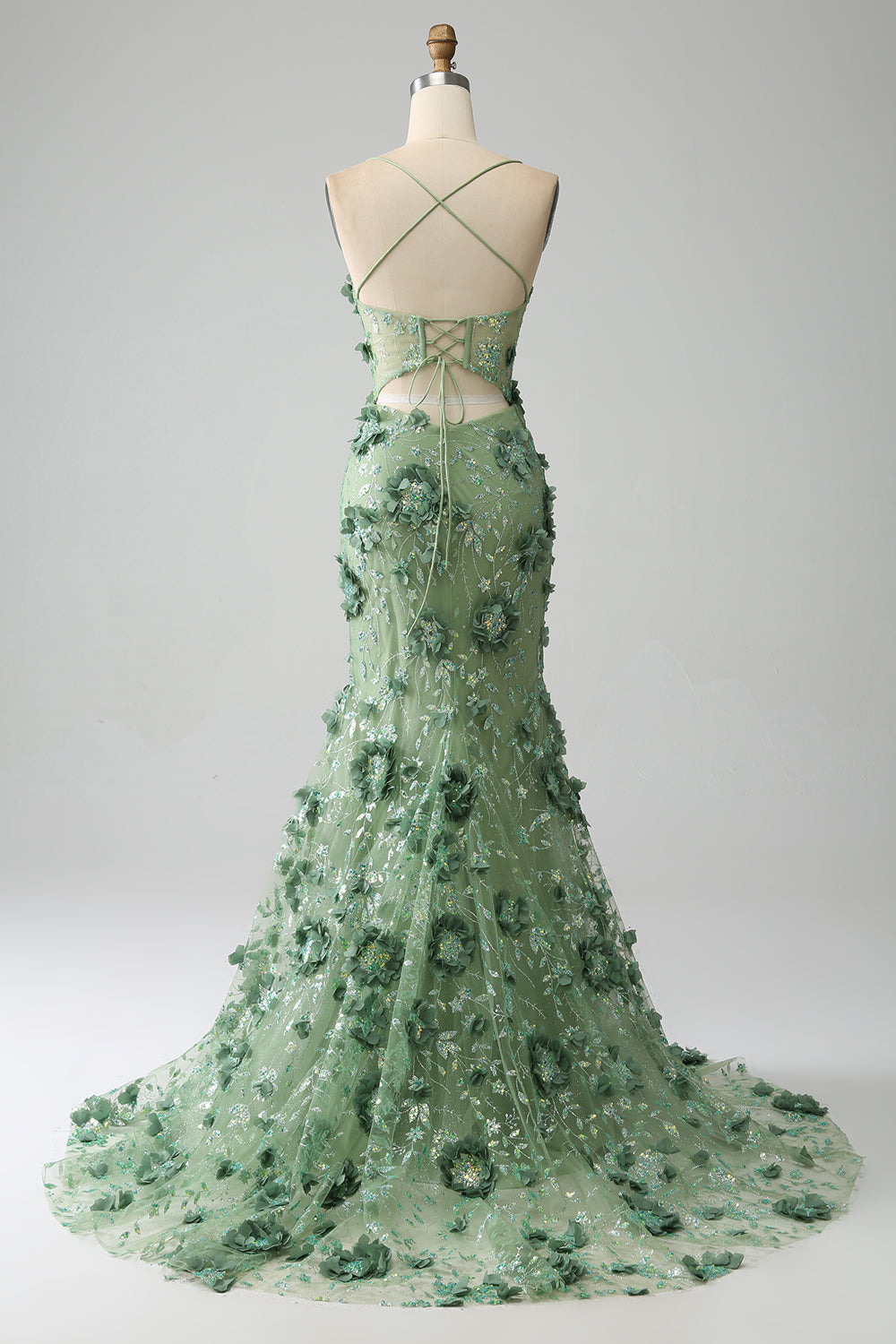 Mermaid Spaghetti Straps Green Corset Ball Dress with Appliques