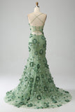 Mermaid Spaghetti Straps Green Corset Ball Dress with Appliques
