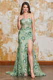 Green Mermaid Spaghetti Straps Corset Ball Dress with Appliques