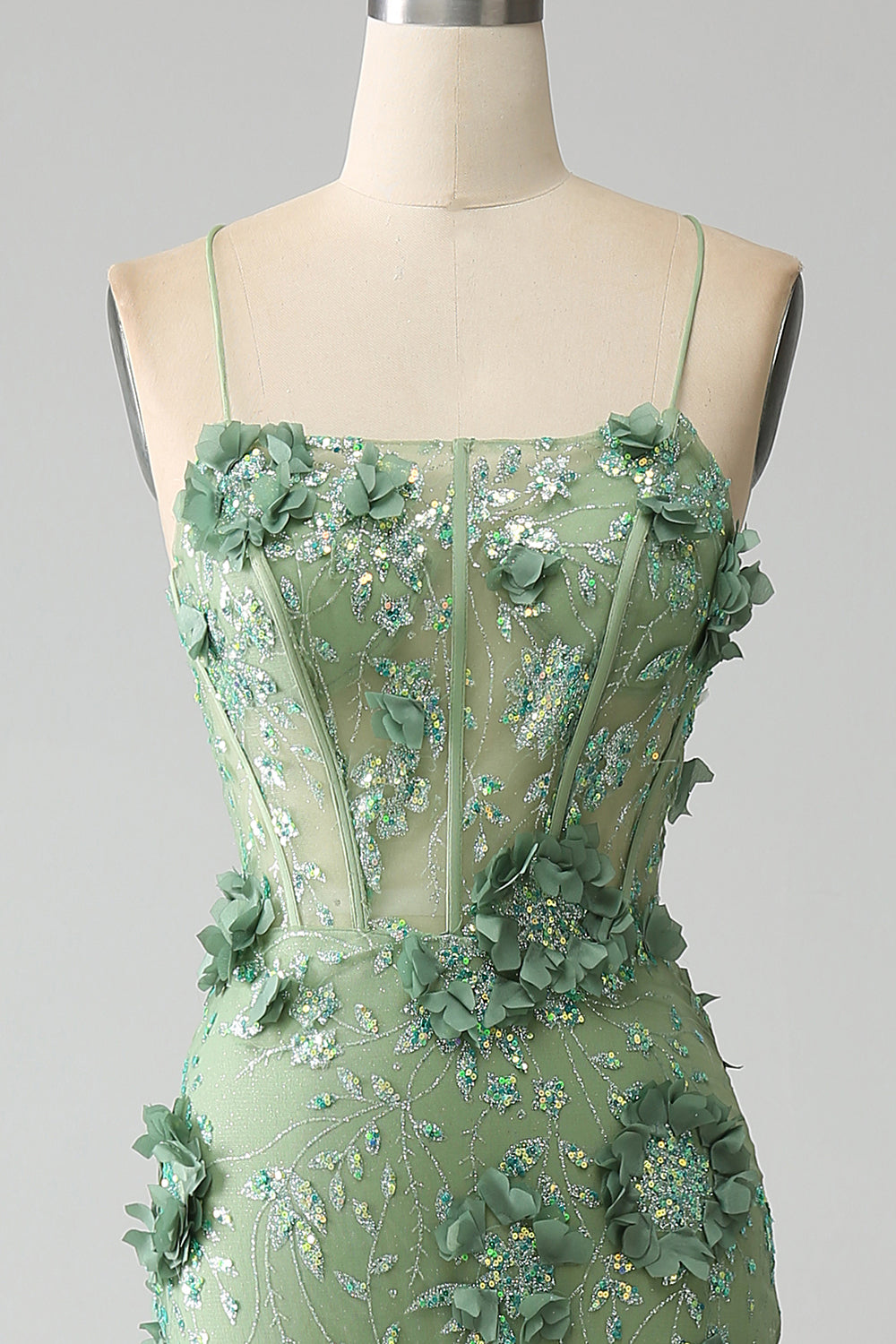 Mermaid Spaghetti Straps Green Corset Ball Dress with Appliques