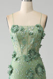 Mermaid Spaghetti Straps Green Corset Ball Dress with Appliques