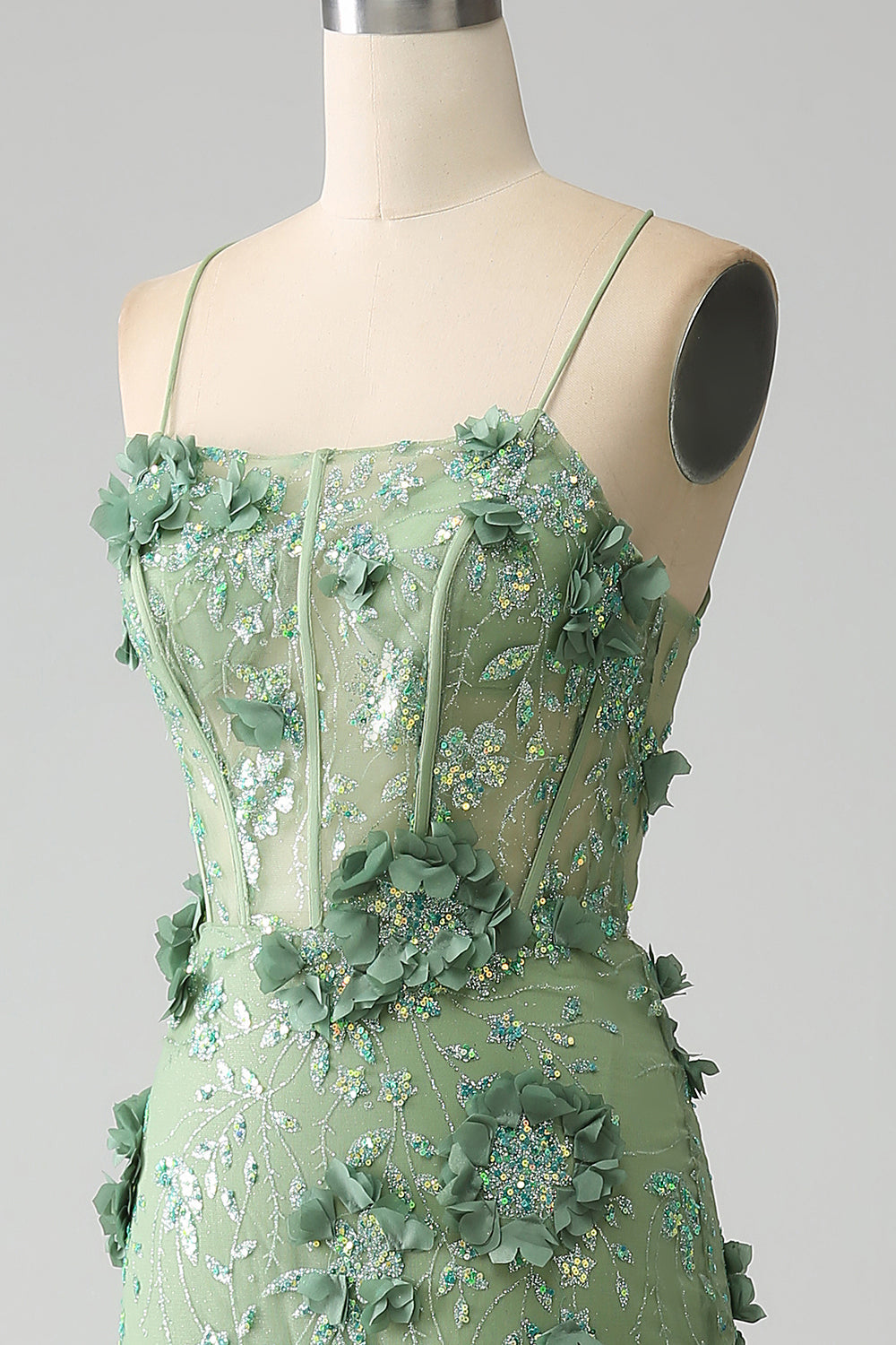 Mermaid Spaghetti Straps Green Corset Ball Dress with Appliques