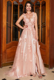 Blush A-Line Spaghetti Straps Long Appliqued Ball Dress with Slit