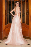 Blush A-Line Spaghetti Straps Long Appliqued Ball Dress with Slit