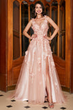 Blush A-Line Spaghetti Straps Long Appliqued Ball Dress with Slit