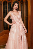Blush A-Line Spaghetti Straps Long Appliqued Ball Dress with Slit