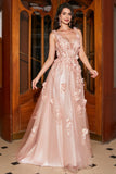 Blush A-Line Spaghetti Straps Long Appliqued Ball Dress with Slit