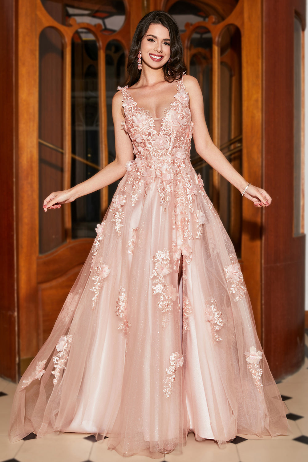 Blush A-Line Spaghetti Straps Long Appliqued Ball Dress with Slit