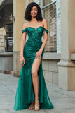 Stylish Mermaid Off the Shoulder Dark Green Corset Ball Dress with Split Front