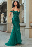 Stylish Mermaid Off the Shoulder Dark Green Corset Ball Dress with Split Front
