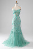 Green Mermaid Spaghetti Straps Long Ball Dress with Appliques