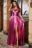 Golden A-Line Spaghetti Straps Pleated Sparkly Ball Dress with Slit