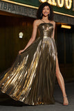 Golden A-Line Spaghetti Straps Pleated Sparkly Ball Dress with Slit