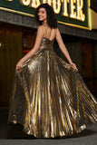 Golden A-Line Spaghetti Straps Pleated Sparkly Ball Dress with Slit