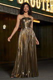 Golden A-Line Spaghetti Straps Pleated Sparkly Ball Dress with Slit