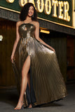 Golden A-Line Spaghetti Straps Pleated Sparkly Ball Dress with Slit