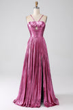 Fuchsia A-Line Spaghetti Straps Pleated Ball Dress with Slit