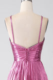 Fuchsia A-Line Spaghetti Straps Pleated Ball Dress with Slit