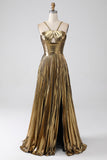 Fuchsia A-Line Spaghetti Straps Pleated Ball Dress with Slit