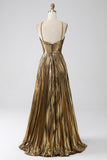 Fuchsia A-Line Spaghetti Straps Pleated Ball Dress with Slit
