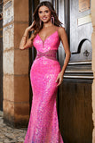 Hot Pink Glitter Mermaid Ball Dress with Beading Waist