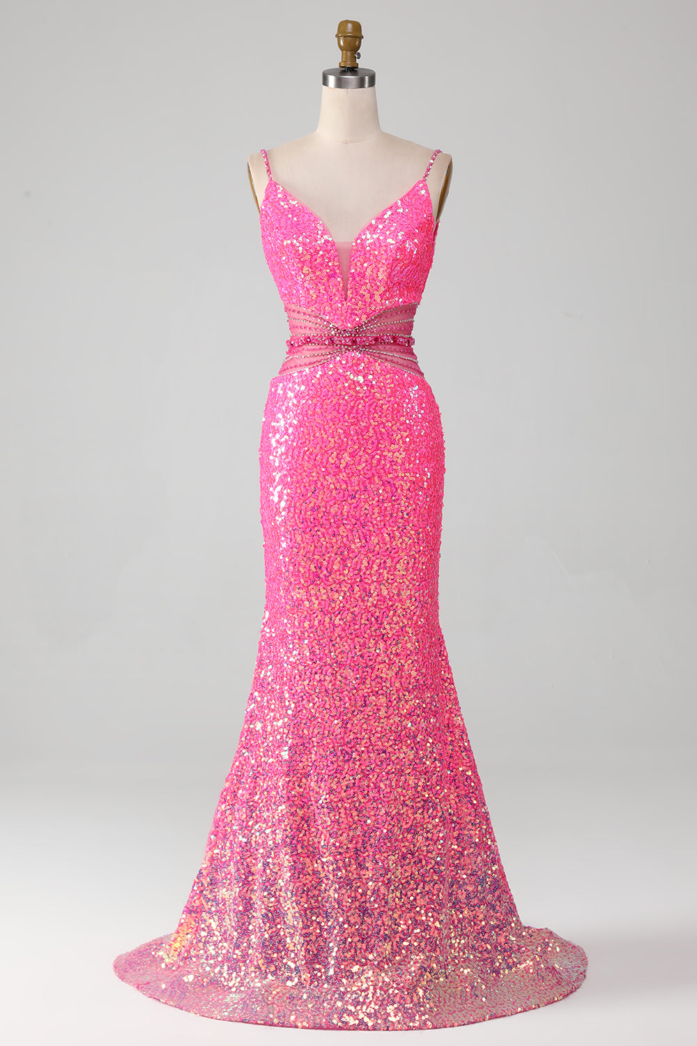 Glitter Hot Pink Mermaid Spaghetti Straps Ball Dress with Beading Waist