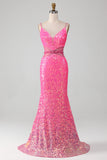 Glitter Hot Pink Mermaid Spaghetti Straps Ball Dress with Beading Waist