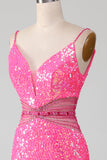 Glitter Hot Pink Mermaid Spaghetti Straps Ball Dress with Beading Waist