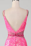 Glitter Hot Pink Mermaid Spaghetti Straps Ball Dress with Beading Waist