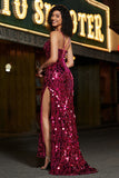 Spaghetti Straps Hot Pink Sparkly Mermaid Sequins Long Ball Dress with Slit