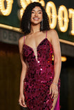 Spaghetti Straps Hot Pink Sparkly Mermaid Sequins Long Ball Dress with Slit