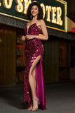 Spaghetti Straps Hot Pink Sparkly Mermaid Sequins Long Ball Dress with Slit