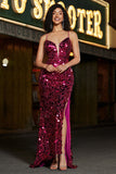 Spaghetti Straps Hot Pink Sparkly Mermaid Sequins Long Ball Dress with Slit