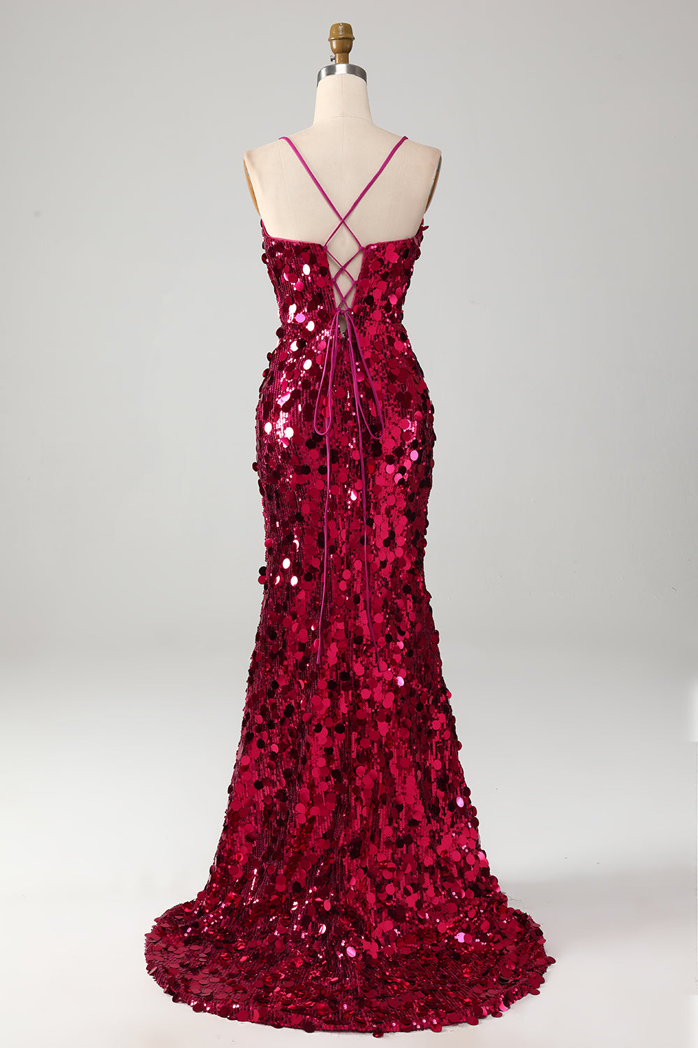 Sparkly Mermaid Spaghetti Straps Fuchsia Sequins Long Ball Dress with Slit