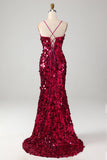 Sparkly Mermaid Spaghetti Straps Fuchsia Sequins Long Ball Dress with Slit