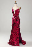 Sparkly Mermaid Spaghetti Straps Fuchsia Sequins Long Ball Dress with Slit