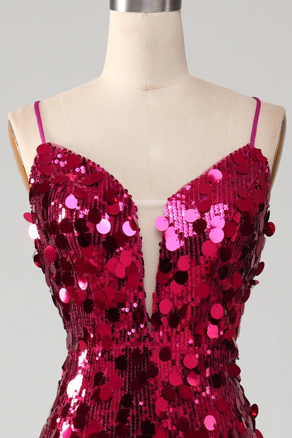 Sparkly Mermaid Spaghetti Straps Fuchsia Sequins Long Ball Dress with Slit