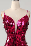 Sparkly Mermaid Spaghetti Straps Fuchsia Sequins Long Ball Dress with Slit