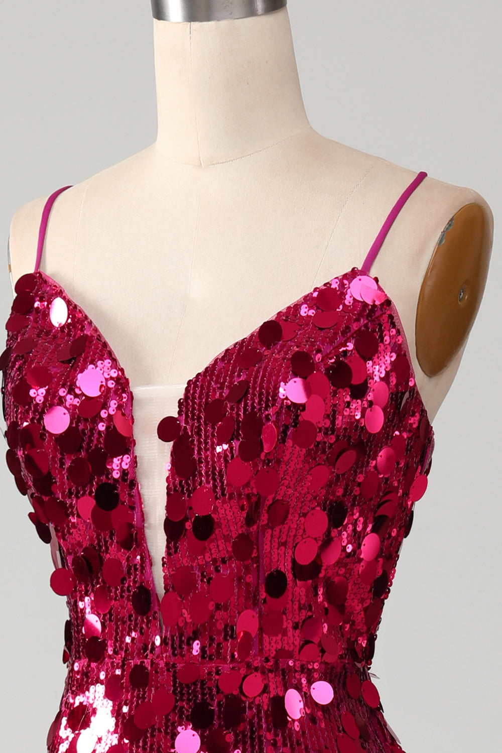 Sparkly Mermaid Spaghetti Straps Fuchsia Sequins Long Ball Dress with Slit