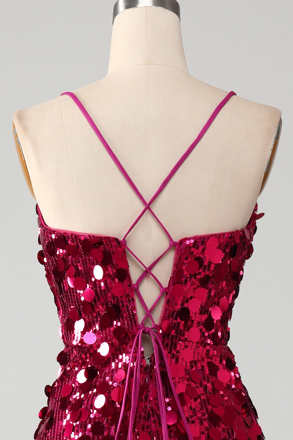 Sparkly Mermaid Spaghetti Straps Fuchsia Sequins Long Ball Dress with Slit