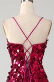 Sparkly Mermaid Spaghetti Straps Fuchsia Sequins Long Ball Dress with Slit