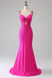 Sparkly Mermaid Spaghetti Straps Hot Pink Ball Dress with Hollow-out