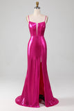 Sparkly Hot Pink Mermaid Simple Long Ball Dress With Slit
