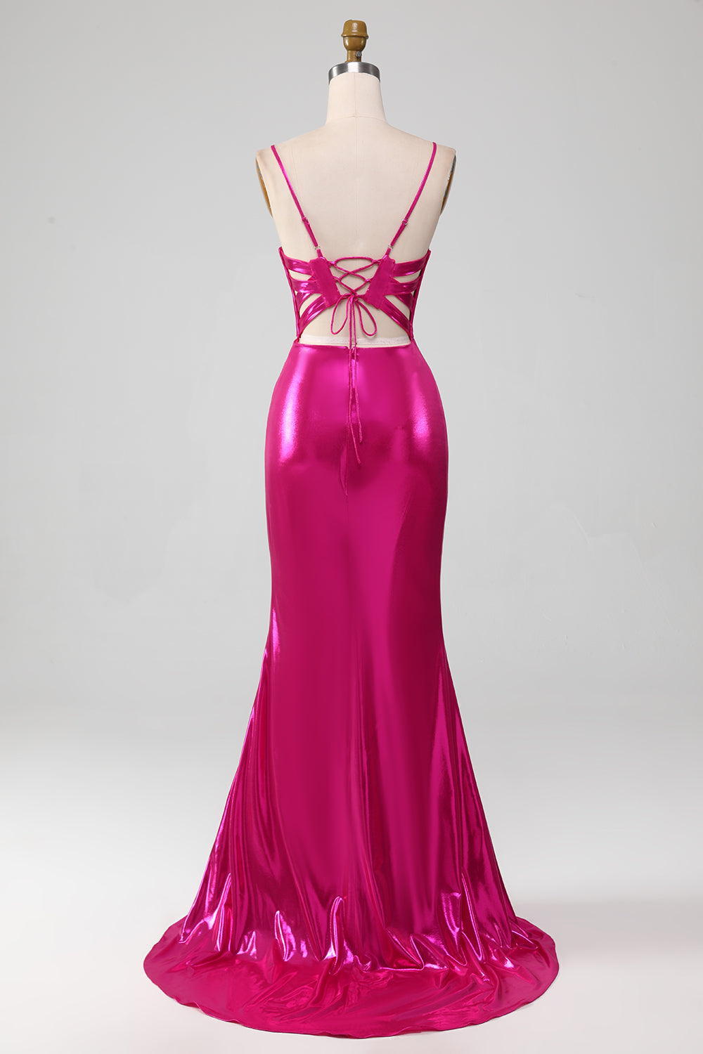 Sparkly Hot Pink Mermaid Simple Long Ball Dress With Slit
