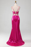 Sparkly Hot Pink Mermaid Simple Long Ball Dress With Slit