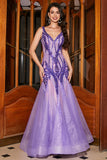 Stunning Mermaid V Neck Purple Sequins Long Ball Dress with Open Back