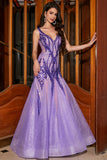 Stunning Mermaid V Neck Purple Sequins Long Ball Dress with Open Back