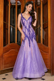 Stunning Mermaid V Neck Purple Sequins Long Ball Dress with Open Back