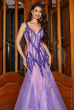 Stunning Mermaid V Neck Purple Sequins Long Ball Dress with Open Back