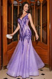 Stunning Mermaid V Neck Purple Sequins Long Ball Dress with Open Back